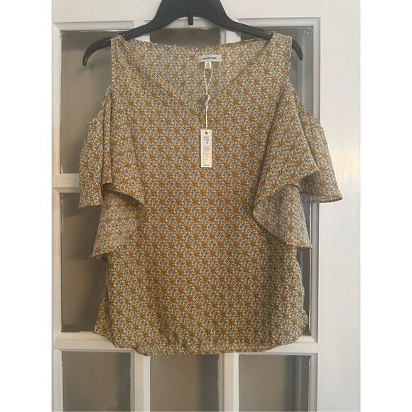 Max studio gold floral cold shoulder blouse size small - Picture 1 of 5